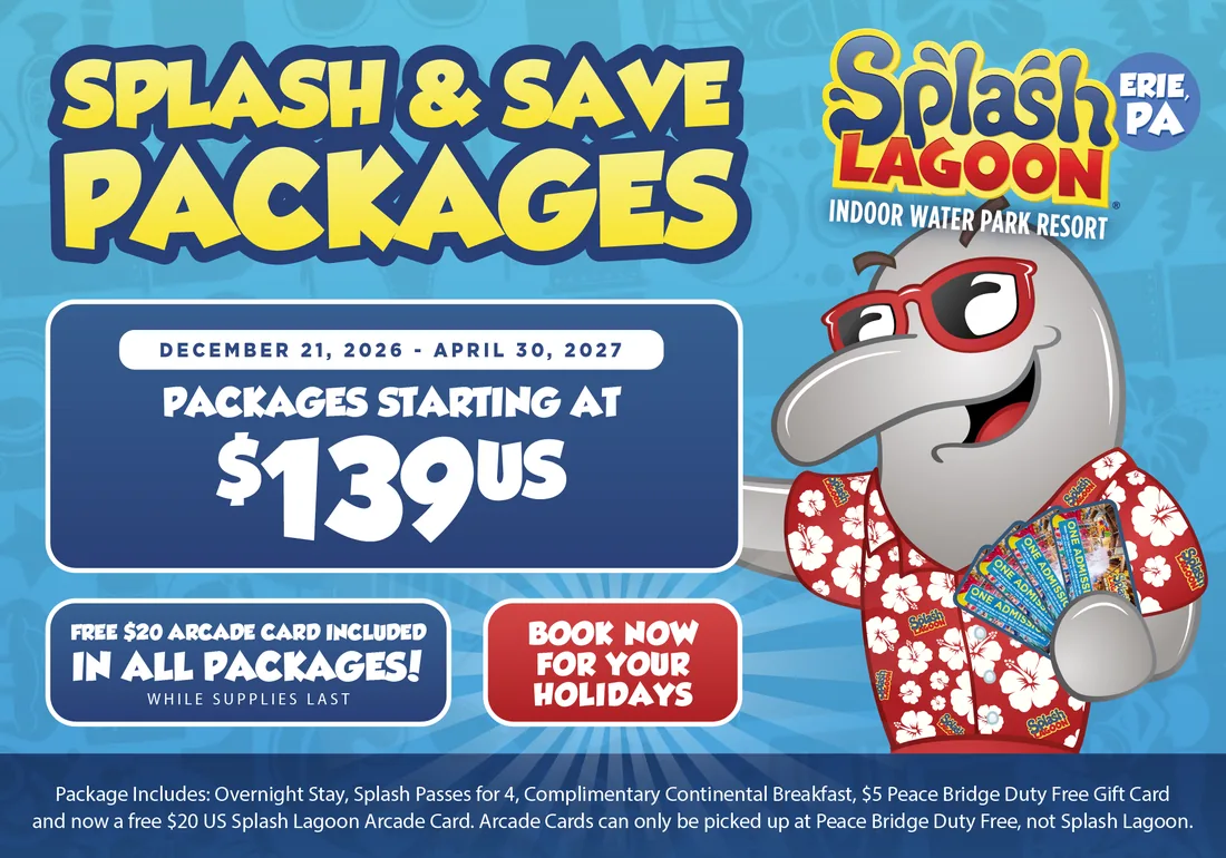 Splash & Save packages at Splash Lagoon, December 21 2026 to April 30 2027 — packages starting at $139 US